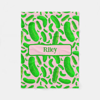 Green Pickles on Soft Pink Background Fleece Blanket