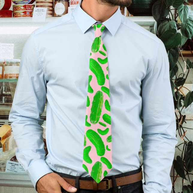 Green Pickles Pink Background Neck Tie (Creator Uploaded)