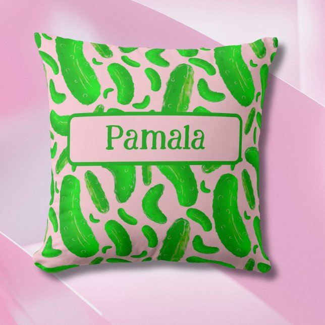 Green Pickles Pink Background Throw Pillow (Creator Uploaded)