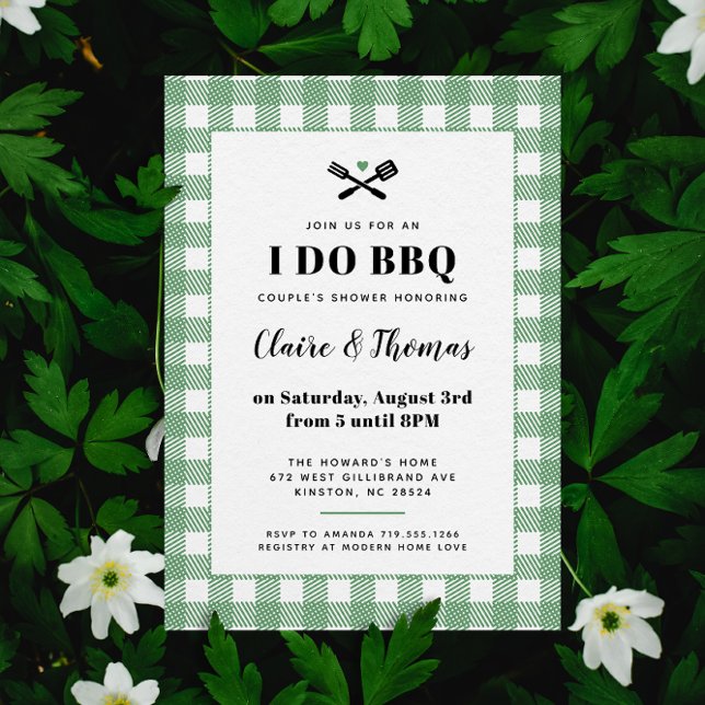 Green Picnic Plaid Cloth I Do BBQ Invitation (Green and white sweet country gingham plaid I Do BBQ wedding party invitation )