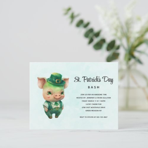 Green Pig in Fancy Attire St Paddys Day Party Invitation Postcard