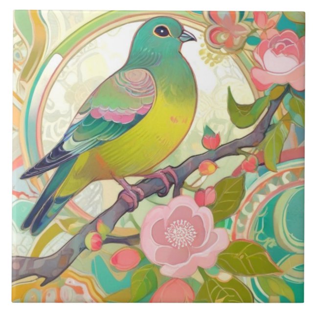 Green Pigeon Bird Pink Floral Spring Flowers Aqua Ceramic Tile (Front)