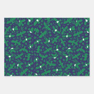 Green pigeons on blue wrapping paper sheets