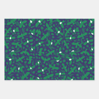 Green pigeons on blue wrapping paper sheets