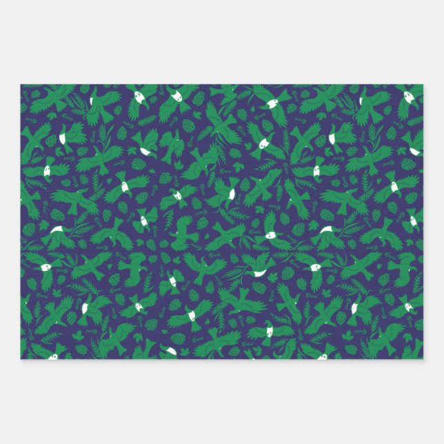 Green pigeons on blue wrapping paper sheets (Front)