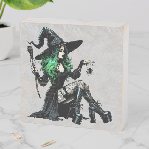 Green Pin Up Witch Wooden Box Sign