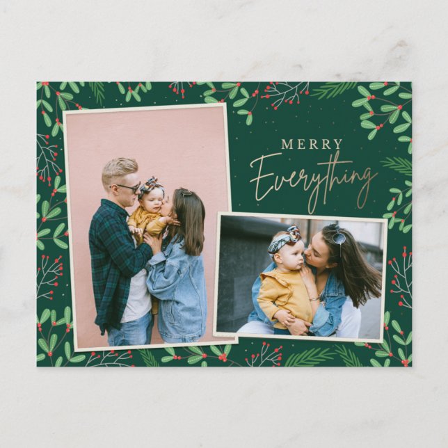 Green Pine Berries Merry Everything Multiple Photo Holiday Postcard (Front)