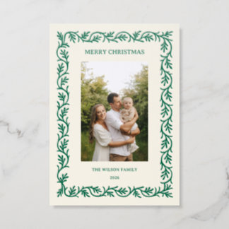 Green Pine Border Merry Christmas Family Photo Letterpress Photo Cards