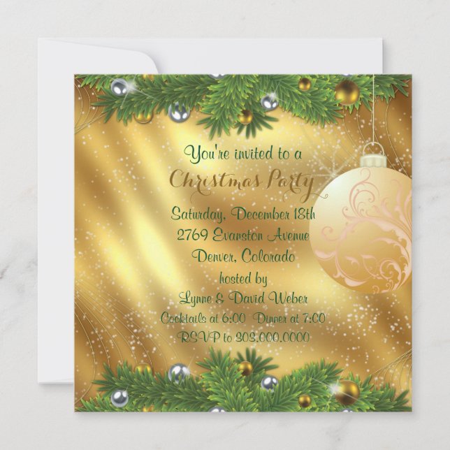 Green Pine Bough Gold Christmas Party Invitation (Front)