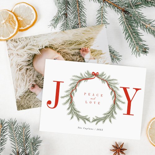 Green Pine Branch Garland JOY Christmas Photo Holiday Card