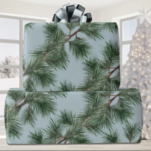 Green Pine Branch Garlands Winter Dusty Blue Wrapping Paper