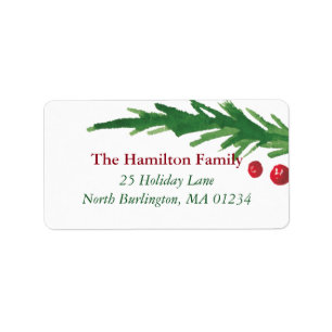 Green Pine Branch & Red Berries Christmas Address Label