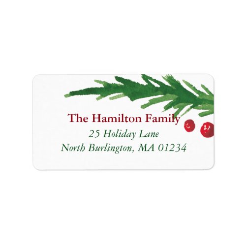 Green Pine Branch  Red Berries Christmas Address Label
