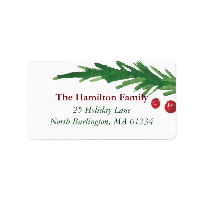 Green Pine Branch & Red Berries Christmas Address Label (Front)