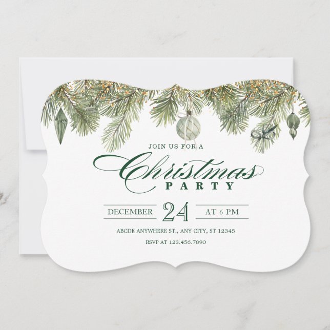 Green pine branch with christmas party ornaments invitation (Front)
