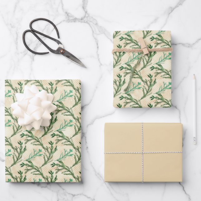 Green Pine Branches Christmas Wrapping Paper Sheets (Front)