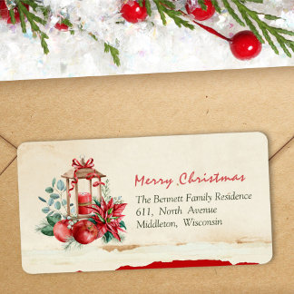 Green Pine Christmas Red Poinsettia Return Address Label