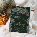 Green pine Christmas winter photo wedding Foil Invitation<br><div class="desc">Time to celebrate your winter wonderland wedding theme with this hand painted green pine branch,  red mistletoe,  Christmas ornaments featuring a modern cool script font typography. Add or remove your photo at the back with the couple's names. With real gold foil on dark green.</div>