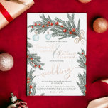 Green pine Christmas winter photo wedding Foil Invitation<br><div class="desc">Time to celebrate your winter wonderland wedding theme with this hand painted green pine branch,  red mistletoe,  Christmas ornaments featuring a modern cool script font typography. Add or remove your photo at the back with the couple's names. With real rose gold foil.</div>