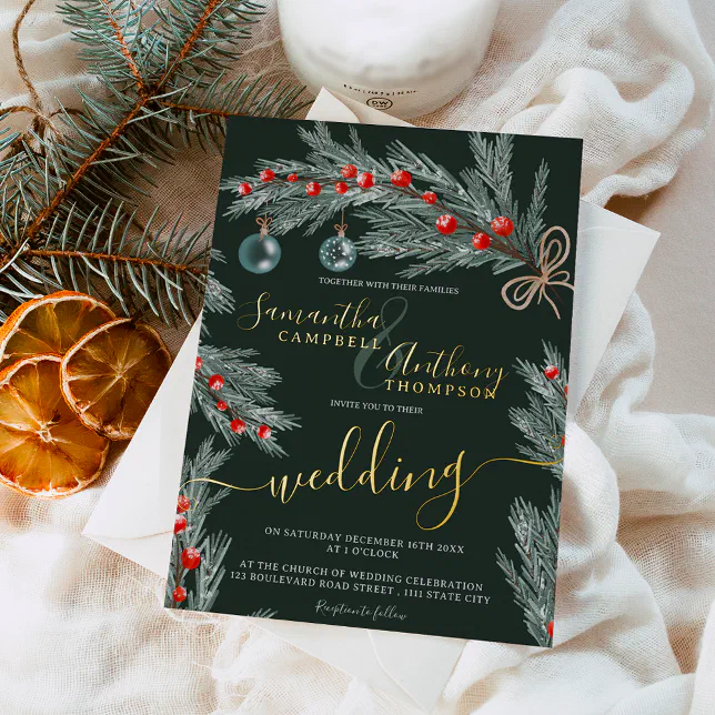 Green pine Christmas winter photo wedding Foil Invitation | Zazzle