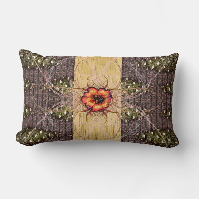 Green Pine Cones and a Red flower Lumbar Pillow (Front)