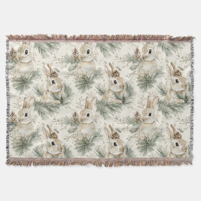 Green Pine Cones Bunny Rabbits Christmas Throw Blanket (Front)