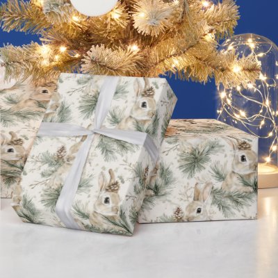 Green Pine Cones Bunny Rabbits Christmas Wrapping Paper