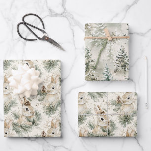Green Pine Cones Bunny Rabbits Christmas Wrapping Paper Sheets