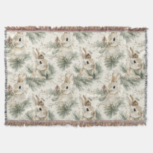 Green Pine Cones Bunny Rabbits Throw Blanket