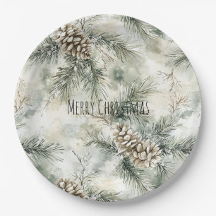 Green Pine Cones Christmas Paper Plates