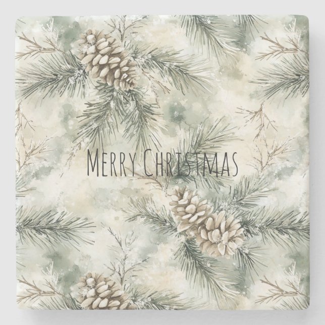 Green  Pine Cones Christmas Stone Coaster (Front)