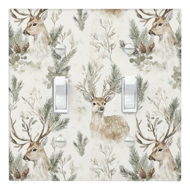 Green Pine Cones Deer Christmas Light Switch Cover (In Situ)