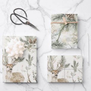 Green Pine Cones Deer Christmas Wrapping Paper Sheets