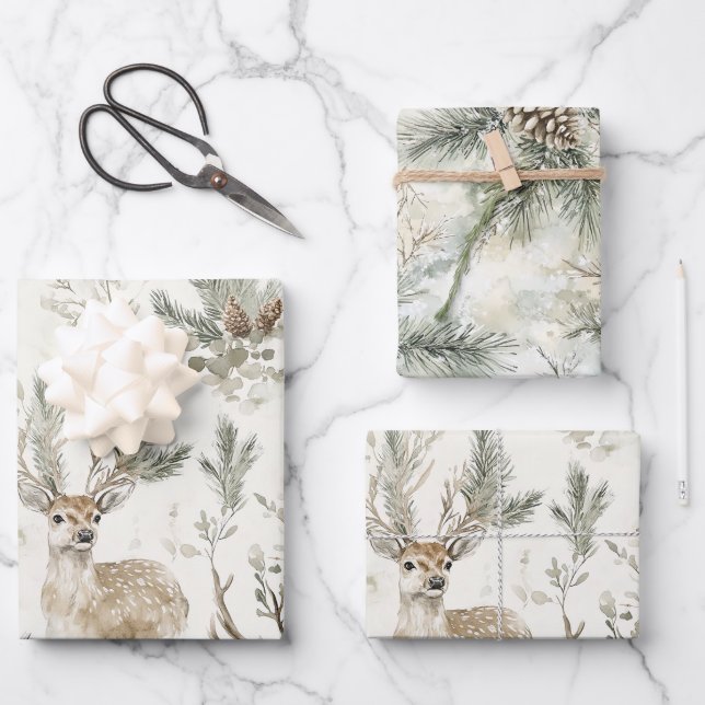 Green Pine Cones Deer Christmas Wrapping Paper Sheets (Front)