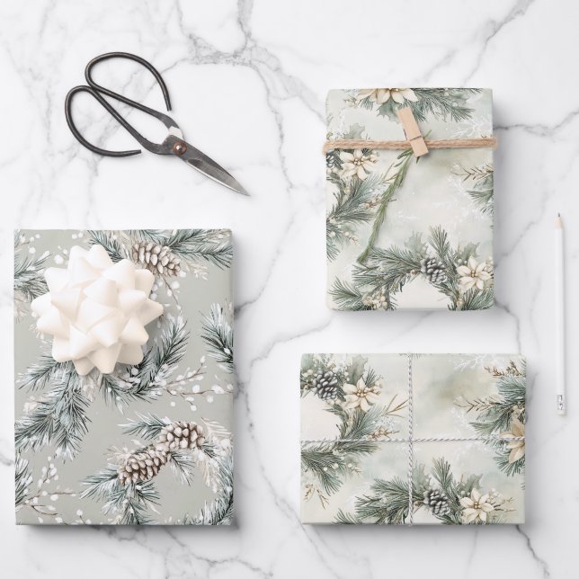 Green Pine Cones Wreaths Christmas Wrapping Paper Sheets (Front)