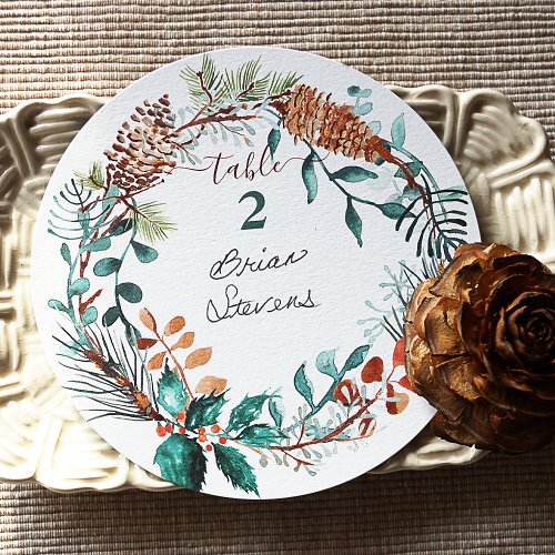 Green Pine Eucalyptus Pinecone Wreath Name Labels Invitation