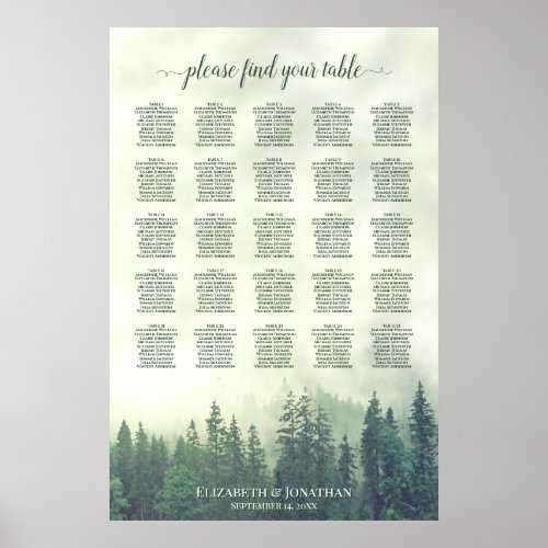 Green Pine Forest 25 Table Wedding Seating Chart