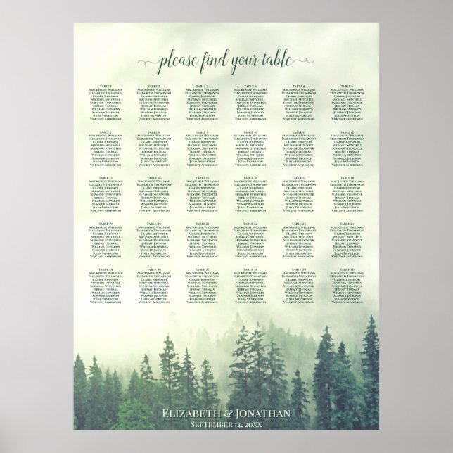 Green Pine Forest 30 Table Wedding Seating Chart (Front)