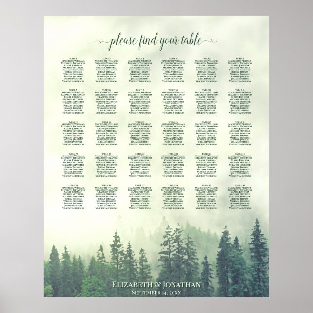 Green Pine Forest 30 Table Wedding Seating Chart (Front)