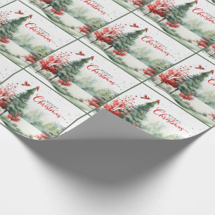 Green Pine Forest and Red Cardinal Birds Christmas Wrapping Paper