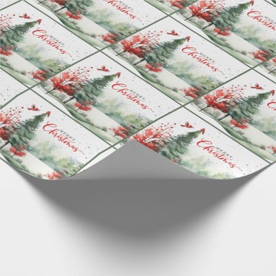 Green Pine Forest and Red Cardinal Birds Christmas Wrapping Paper