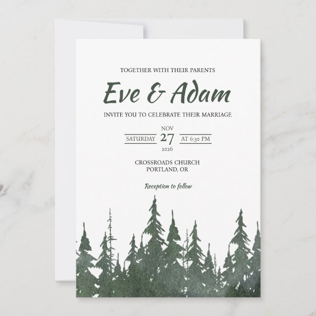 Green Pine Forest Boho Watercolor Winter Wedding Invitation (Front)
