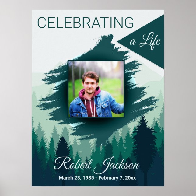 Green Pine Forest Celebration of Life with Photo Poster (Front)