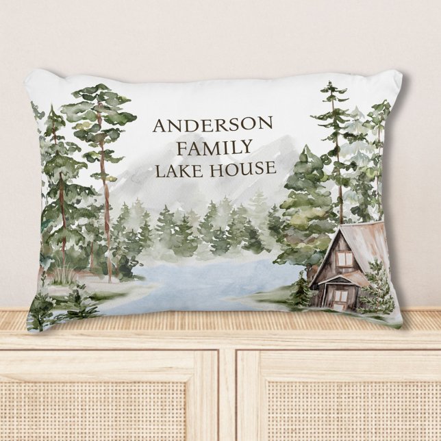 Green Pine Forest Family Lake House Cabin Accent Pillow (In situ)