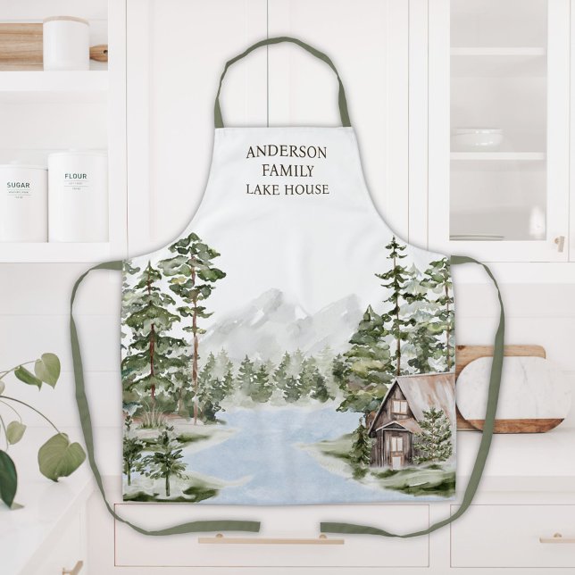 Green Pine Forest Family Lake House Cabin Apron (In situ)