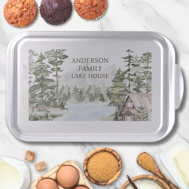 Green Pine Forest Family Lake House Cabin Cake Pan (In situ)