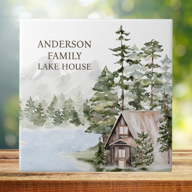 Green Pine Forest Family Lake House Cabin Ceramic Tile (Close up)