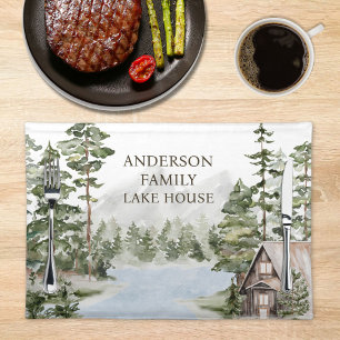Green Pine Forest Family Lake House Cabin Cloth Placemat