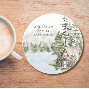 Green Pine Forest Family Lake House Cabin Coaster