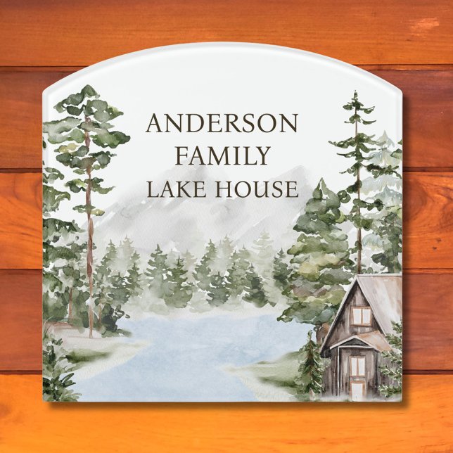 Green Pine Forest Family Lake House Cabin Door Sign (In situ)
